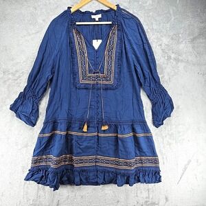 A Loves A Embroidered Boho Button Front Dress Womens S Tassel NWT Marine Blue